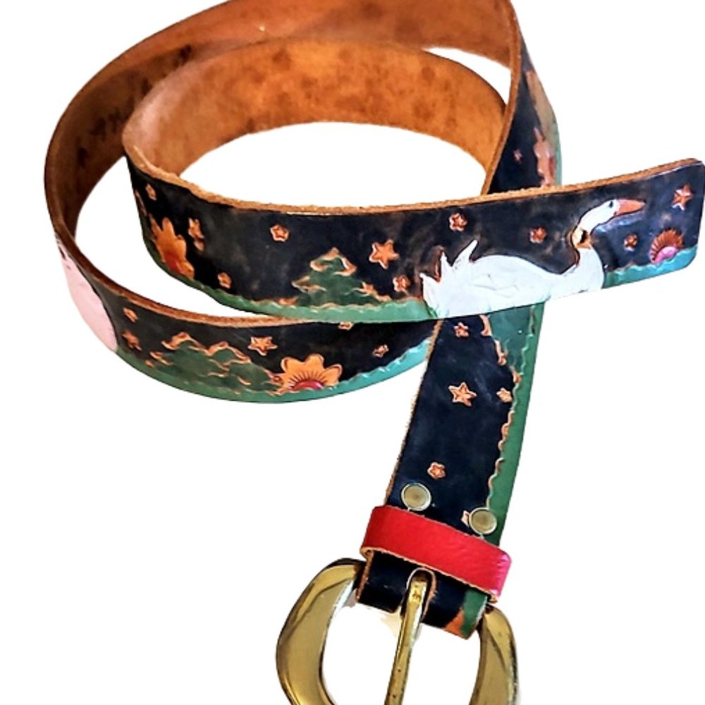 Vintage 1960s Hand Made Tooled Leather Belt With Animals, Barn And Farm Scenes.